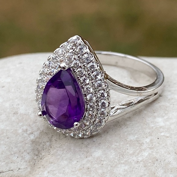 Amethyst teardrop halo ring platinum plated sz 7 brand new in box - Picture 15 of 16